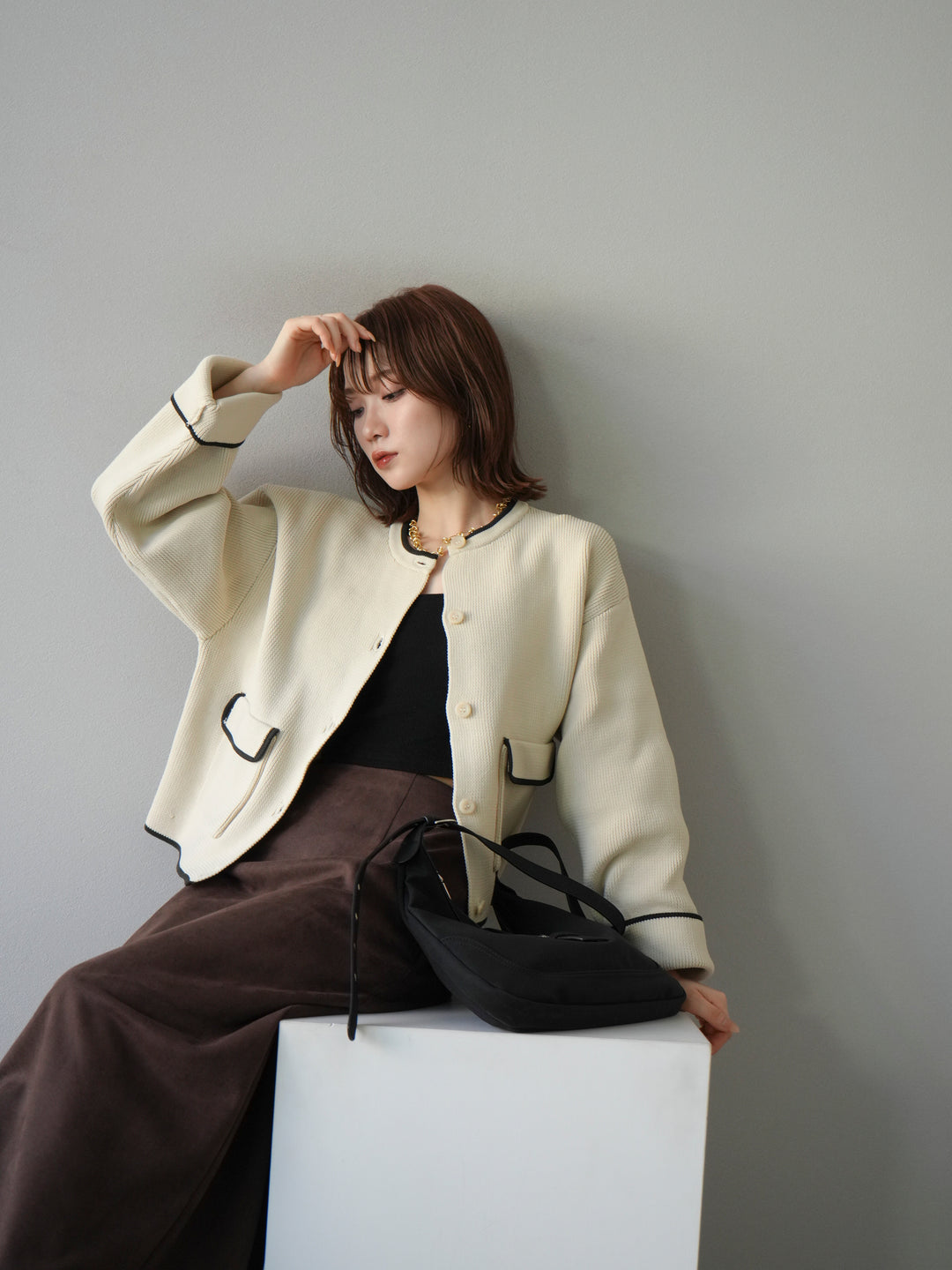 [予約]ポリエステル配色クルーネックカーディガン/アイボリー