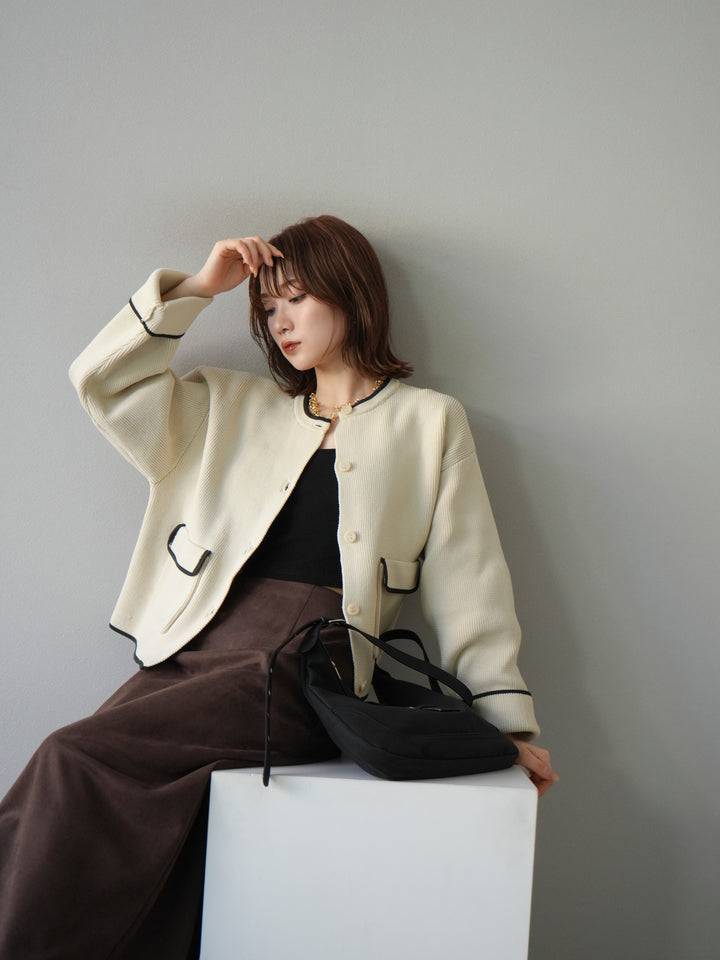 [予約]ポリエステル配色クルーネックカーディガン/アイボリー