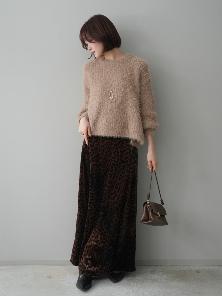 [SET]ボリュームスリーブシャギー MIXニットプルオーバー+レオパードベロアナロースカート(2set)