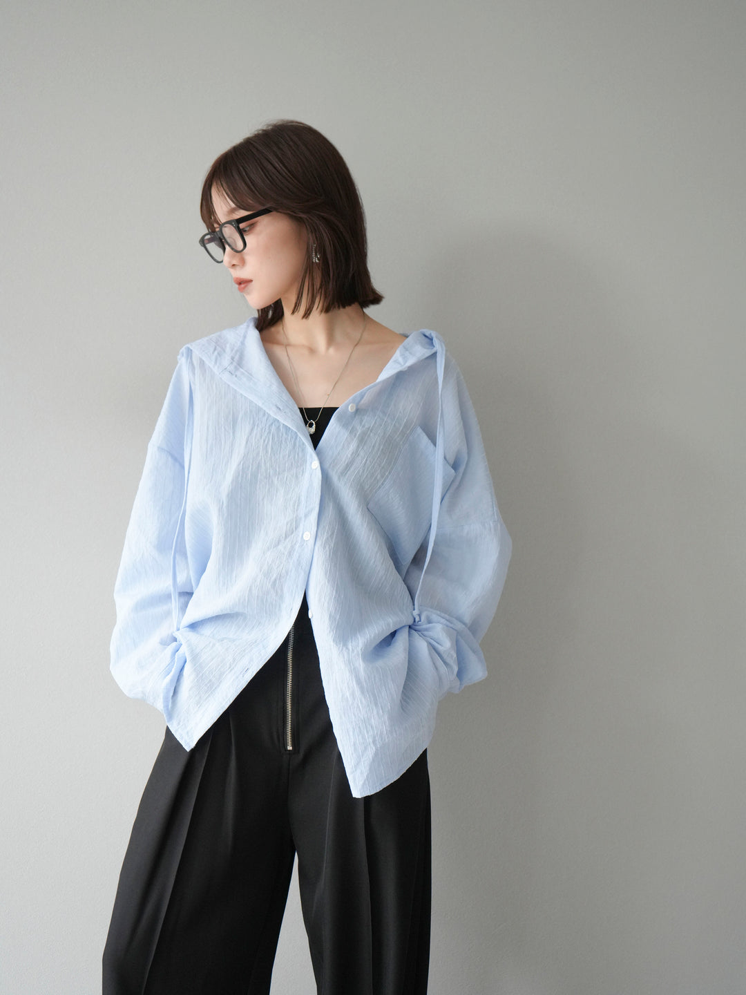 [予約]ワッシャーストライプフーディーシャツ/ブルー