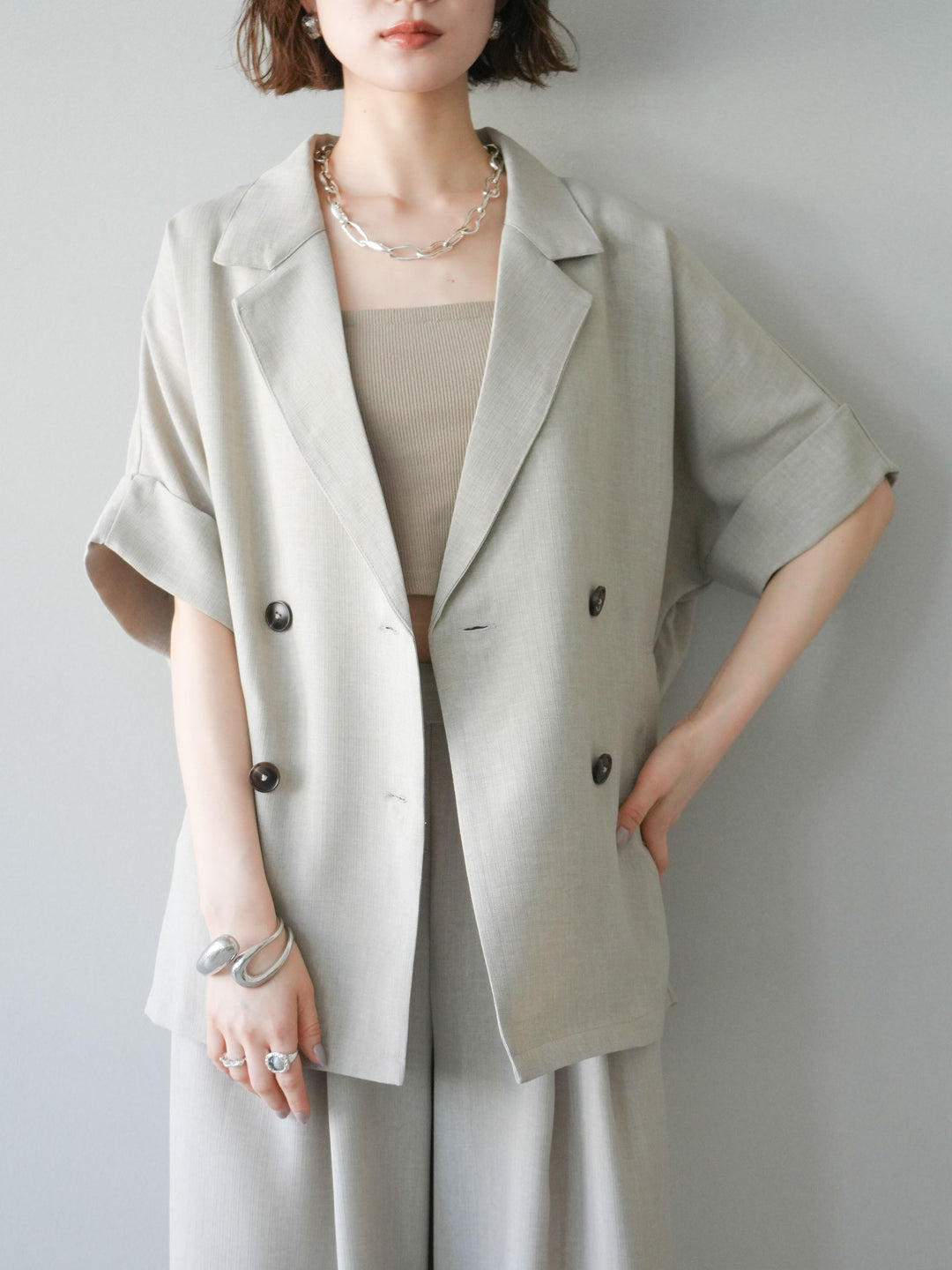 【套裝】亞麻質感半雙層外套+亞麻質感束口寬腿褲（兩件套）