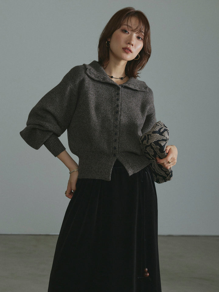 【Allure】[SET]ミックスハイネックカーディガン+ベロアナロースカート(2set)