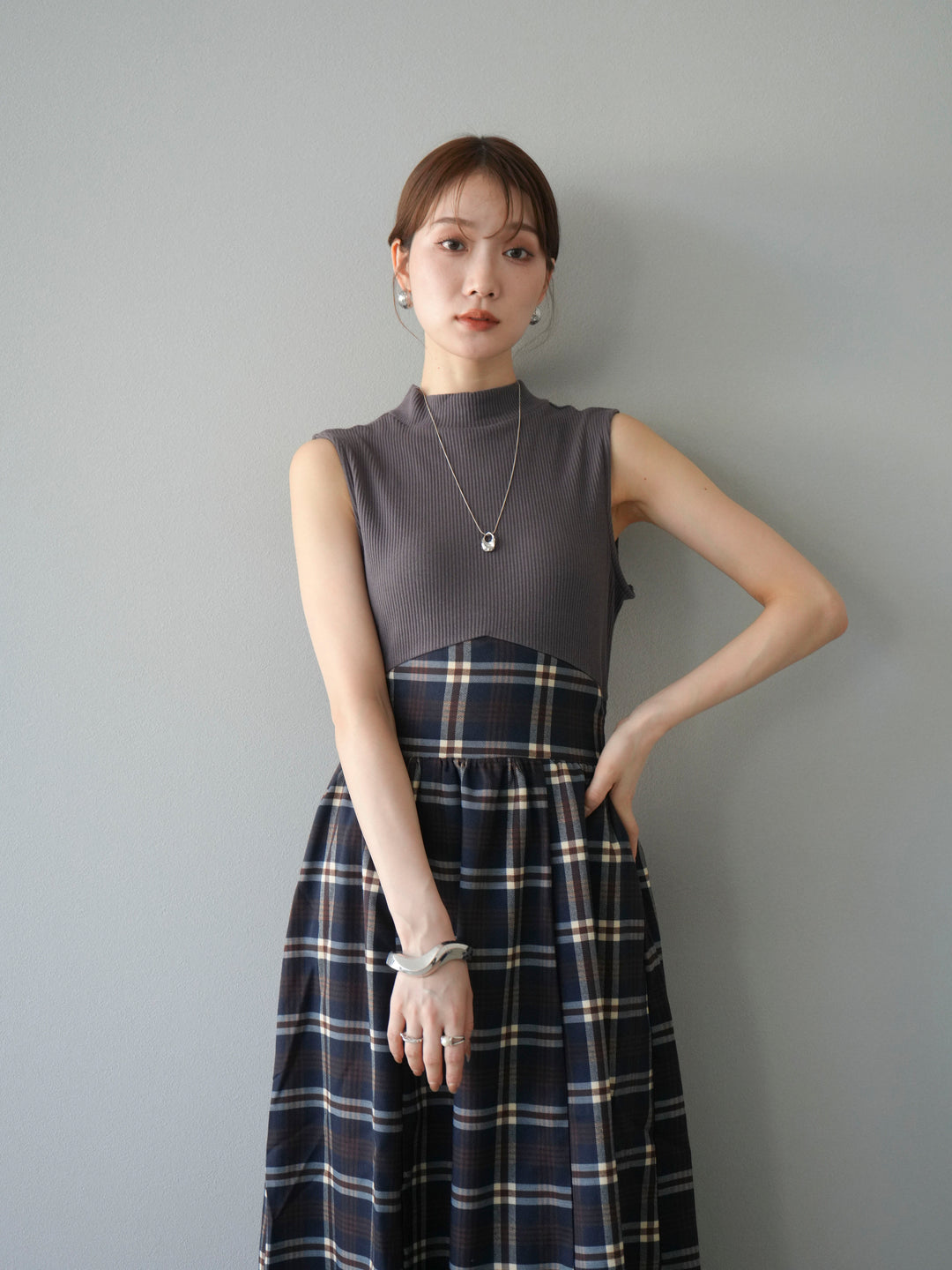 [SET]テレコ×チェックドッキングノースリワンピース+選べるアクセセット(2set)