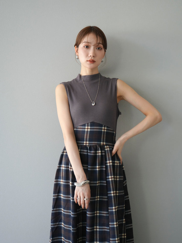 [SET]テレコ×チェックドッキングノースリワンピース+選べるアクセセット(2set)