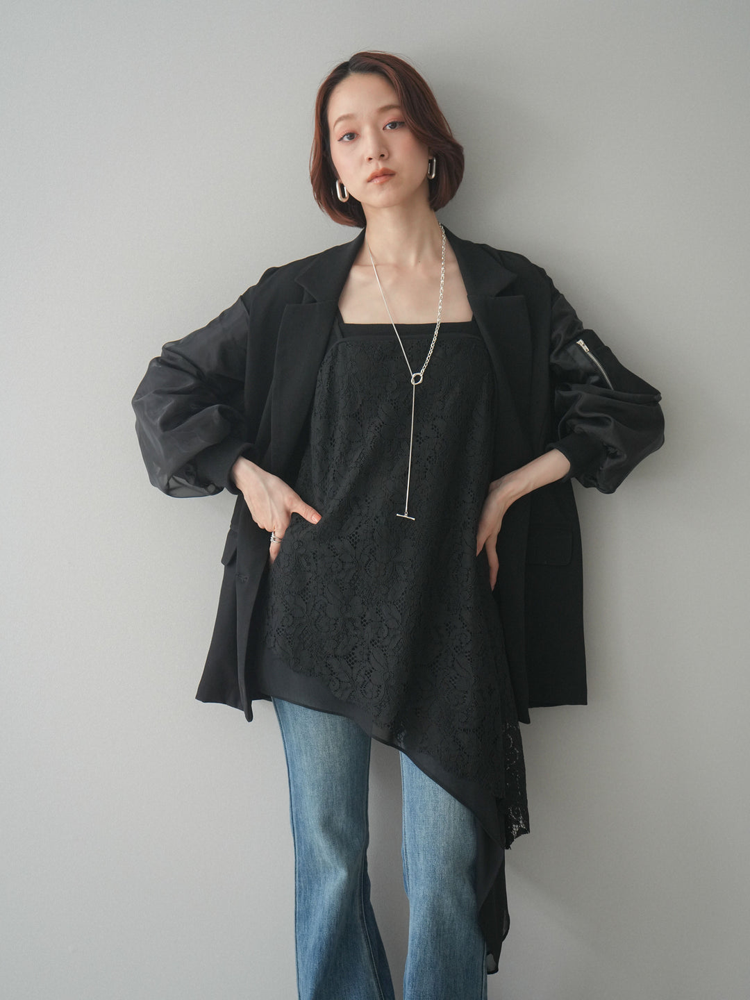 [SET]MA-1ドッキングデザインジャケット+ハイウエストフレアデニムパンツ(2set)