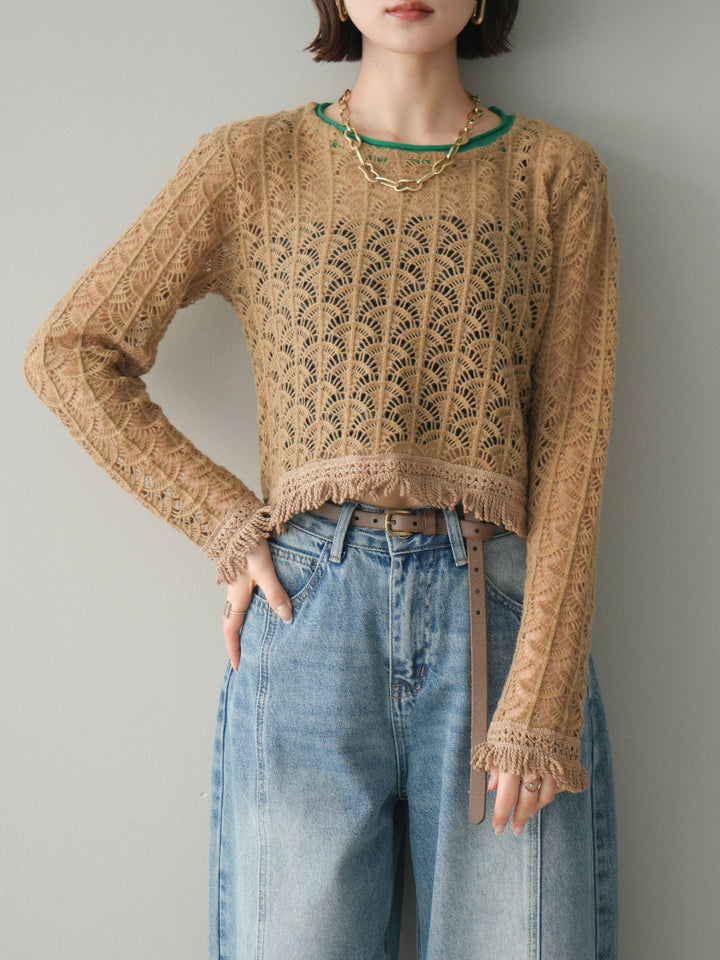 [予約]扇透かし編みクロップドニットプルオーバー/beige