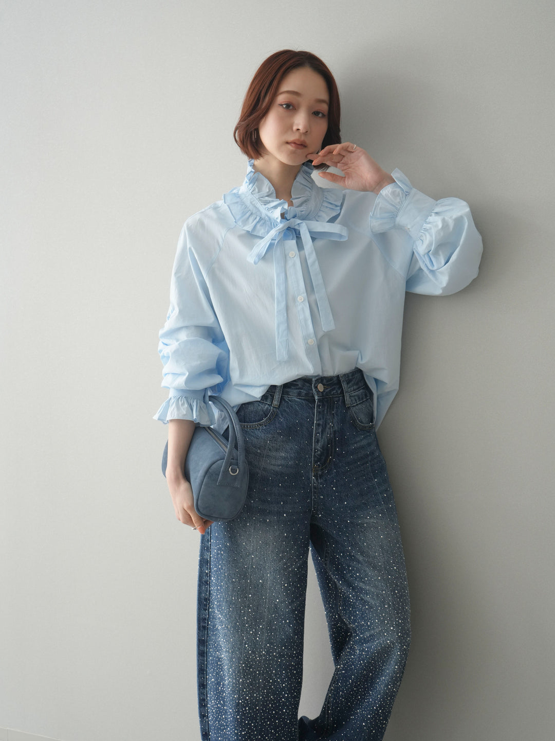 [予約]フリルネックギャザーブラウス/blue