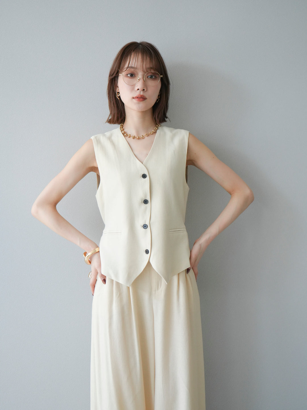 [SET]Vネックジレ＆ワイドパンツSET UP(2set)