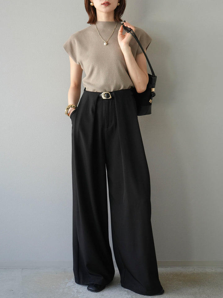 [預購] 皮帶環設計寬褲/黑色