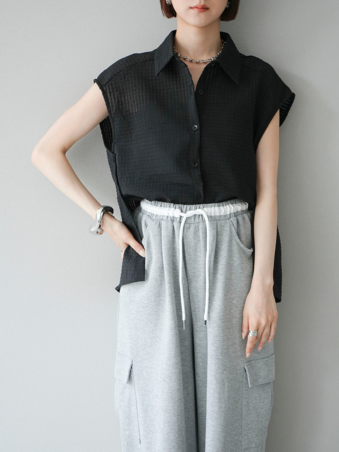 [SET]シアーチェックノースリーブシャツ+ウエストラインサイドポケットスウェットパンツ(2set)