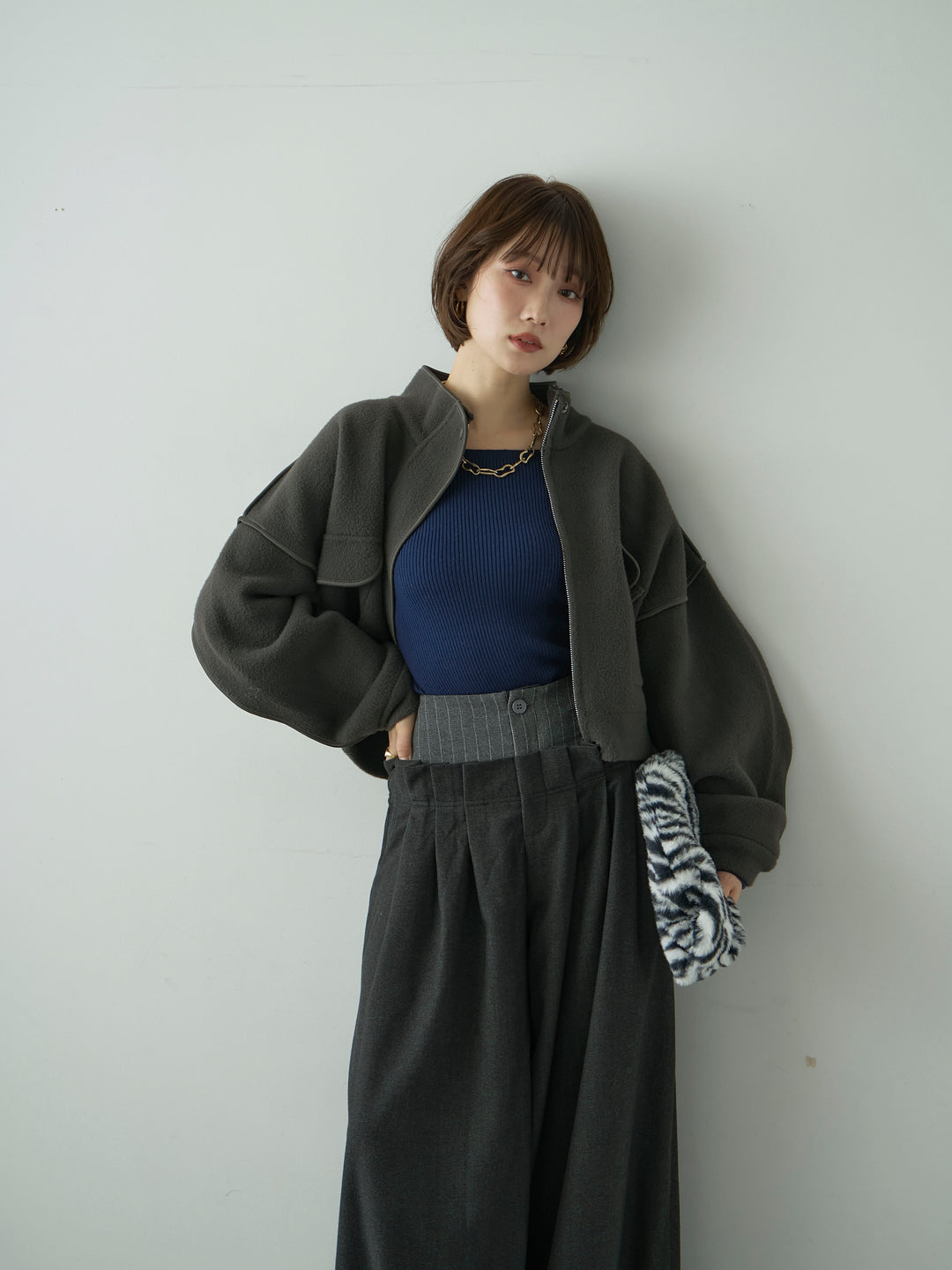 [SET]圧縮ニットショートブルゾン+ウエストデザインドロストワイドパンツ(2set)