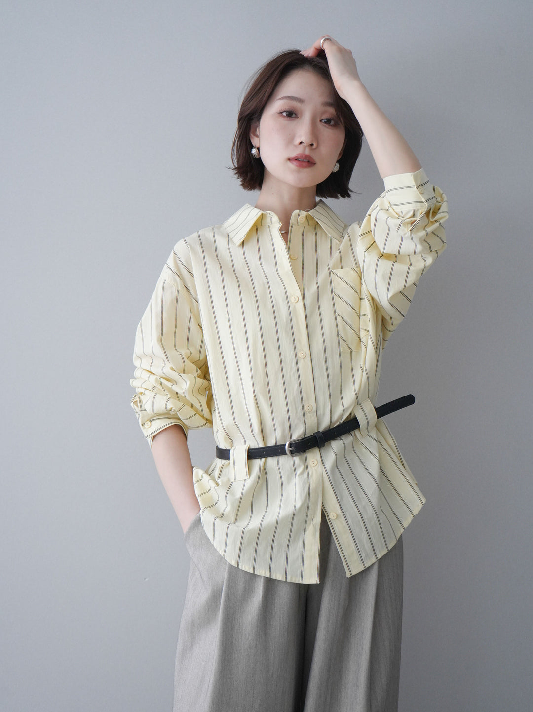 [予約]ベルト付ストライプロングシャツ/yellow