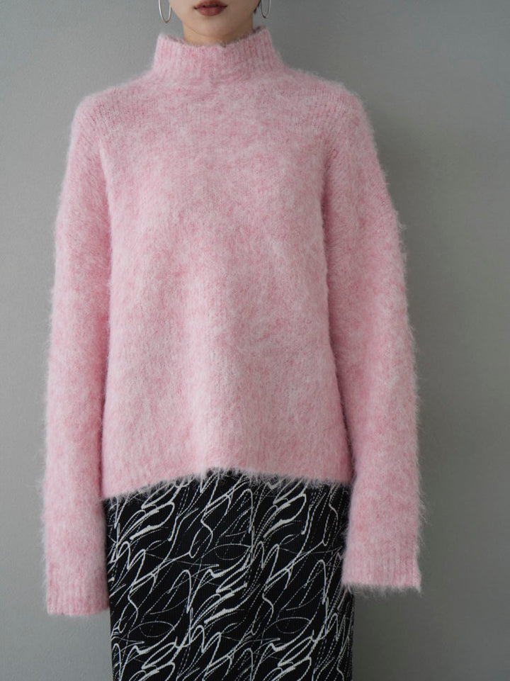 [Pre-order] High-neck wool blend mohair-touch shaggy knit pullover/pink