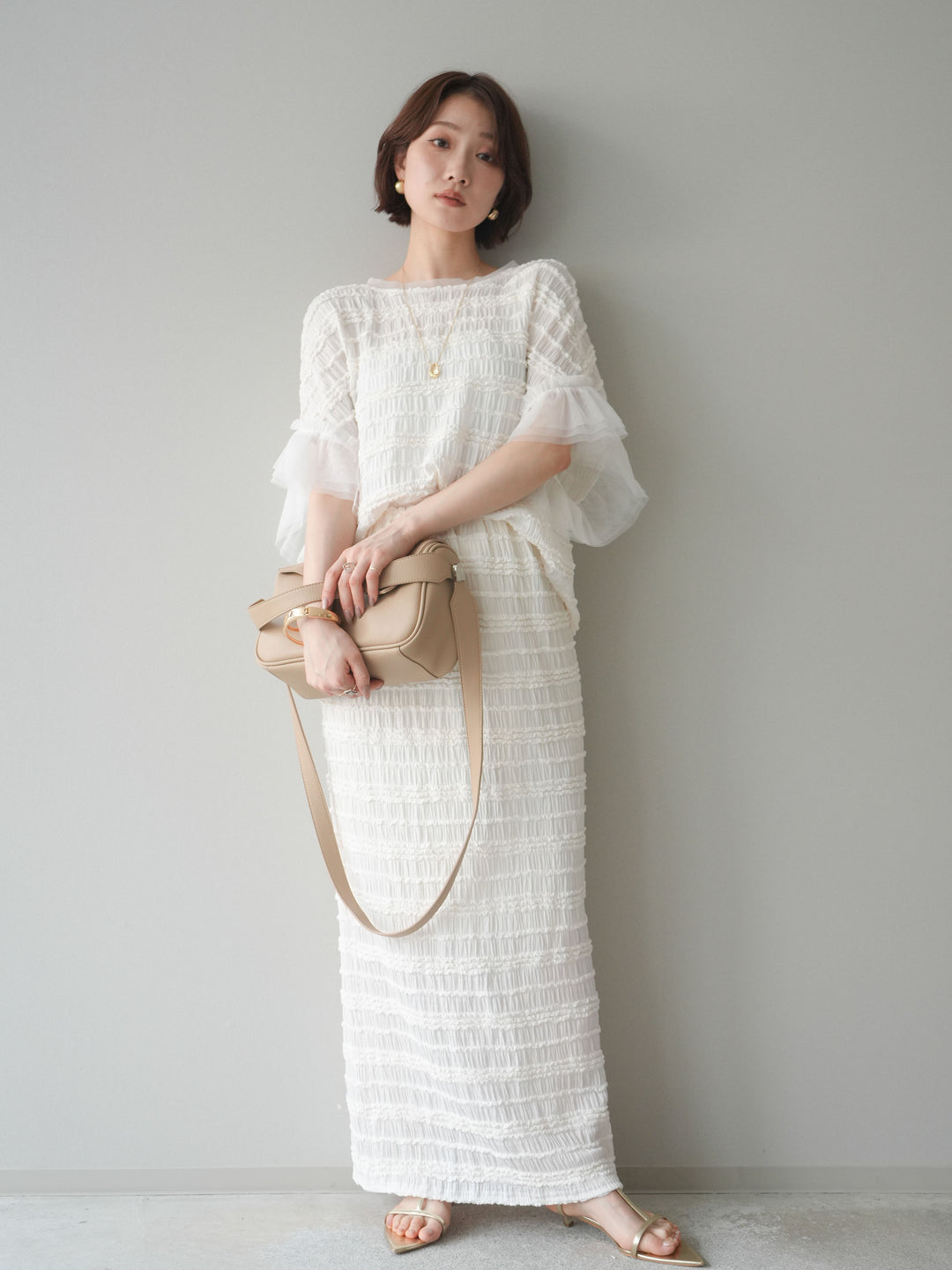 [SET]チュール袖リップルトップス+リップルIラインスカート(2set)