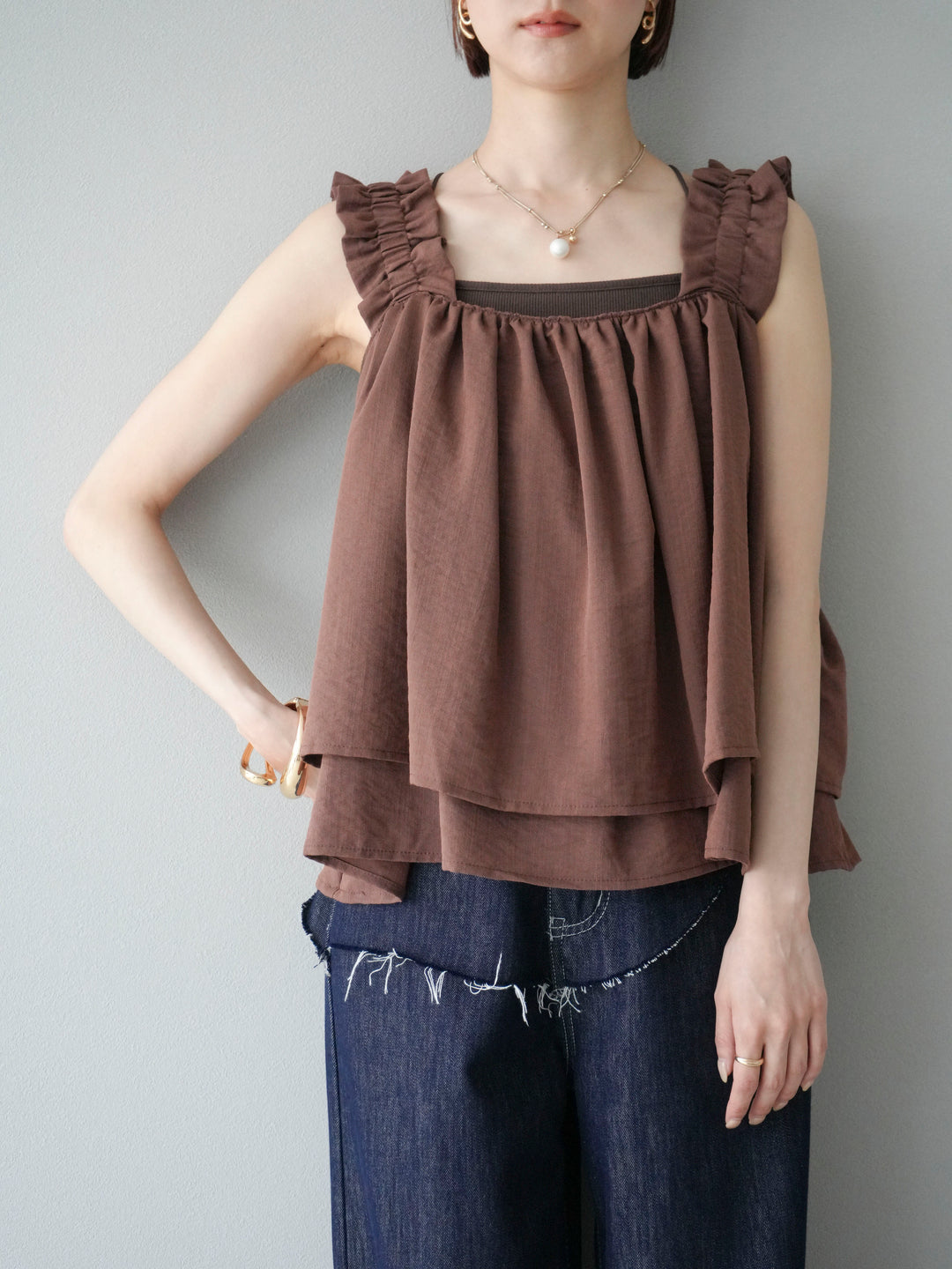 [SET]ギャザーショルダーフレアタンクトップ+選べるアクセセット(2set)