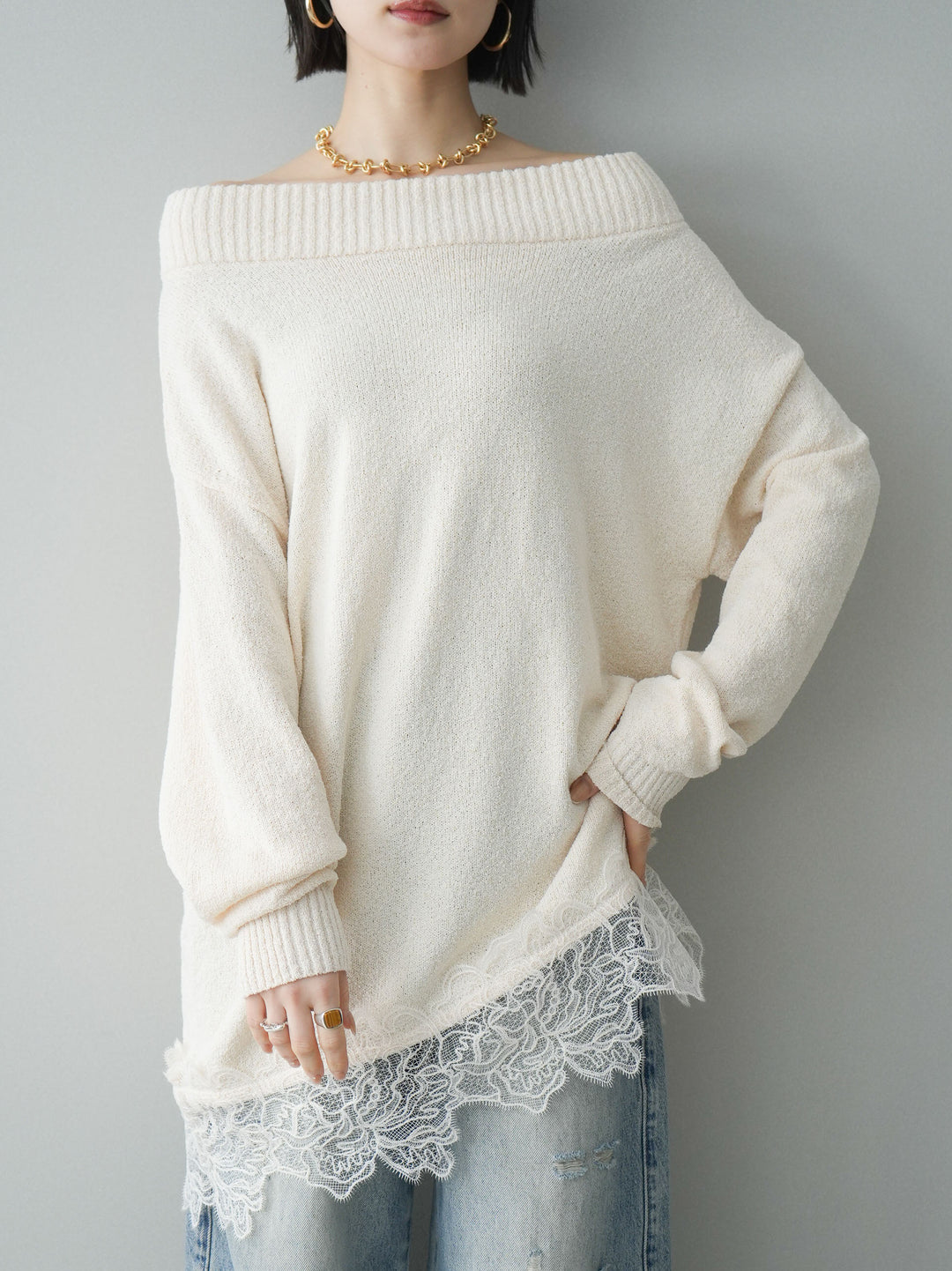 [SET]アシンメトリーレースヘムニットプルオーバー+ダメージデニムセミワイドパンツ(2set)