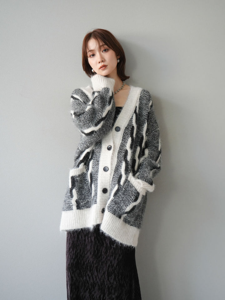 [SET]バイカラー編み込みデザインニットカーディガン+ベロアプリーツナロースカート(2set)