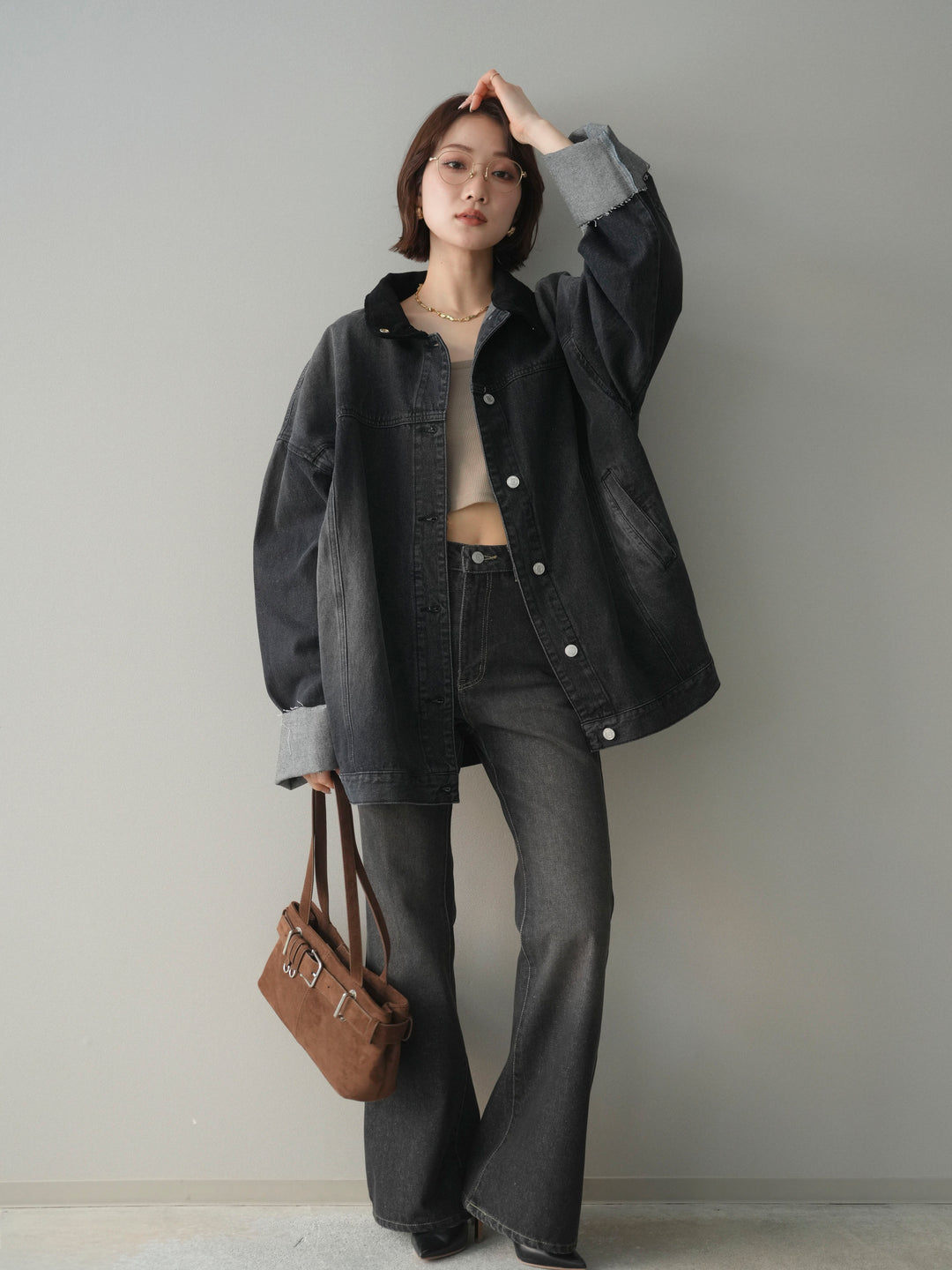 [SET]コーデュロイ×デニムミドルジャケット+フレアデニムパンツ(2set)