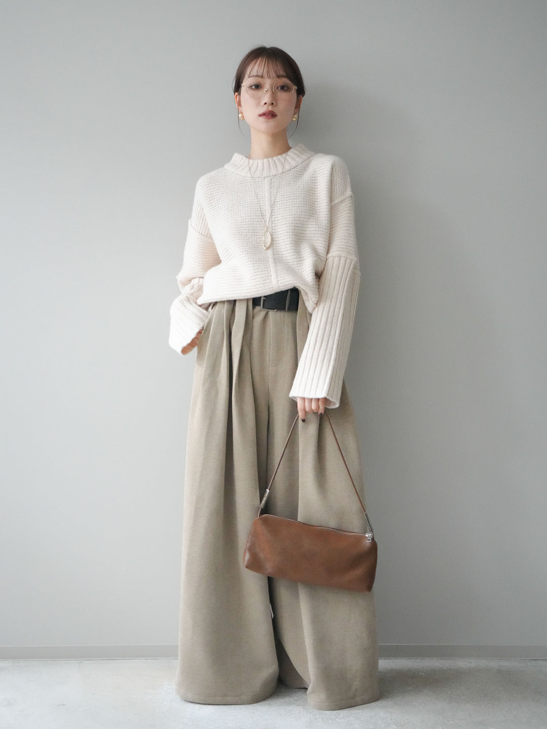 [予約]ベルトデザインループコールテンワイドパンツ(ベルト付き)/beige