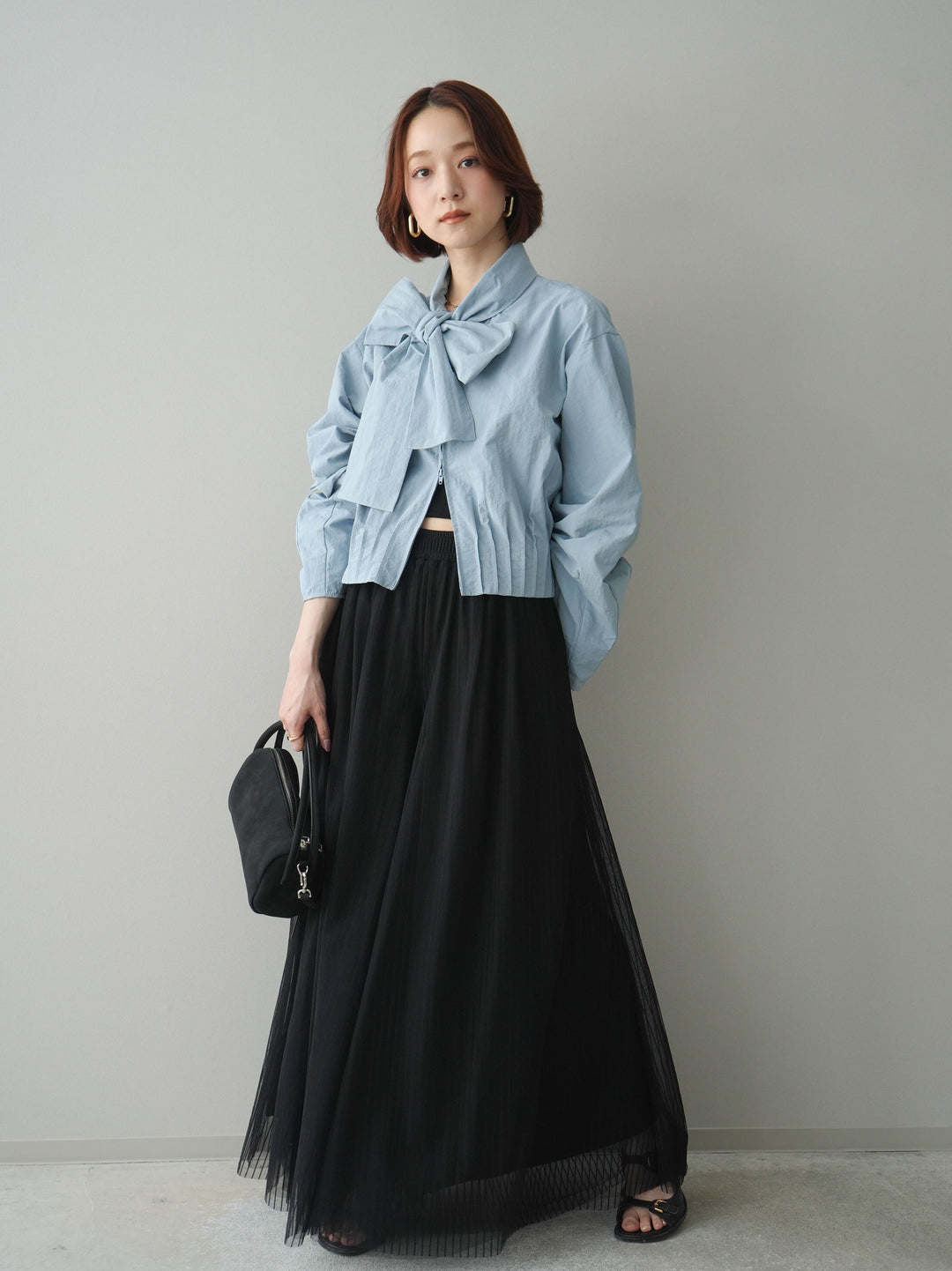 [SET]ボウタイ裾プリーツライトジャケット+ストライプチュールボリュームバギーパンツ(2set)