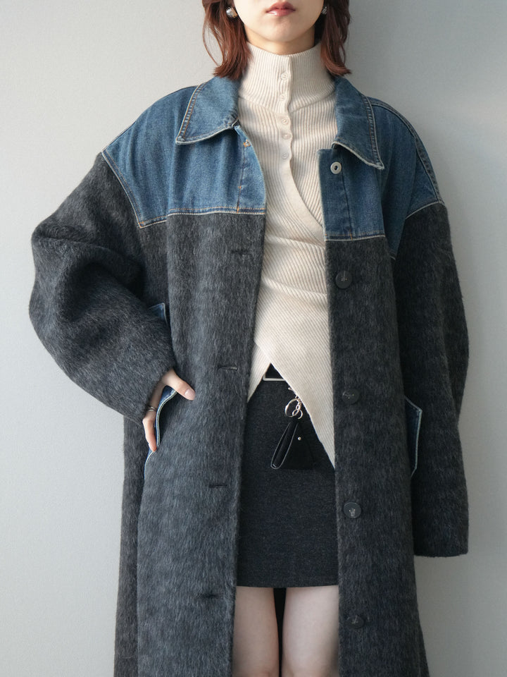 [SET]デニム切替シャギーステンカラーコート+ウールタッチベルト付ミニスカート(2set)