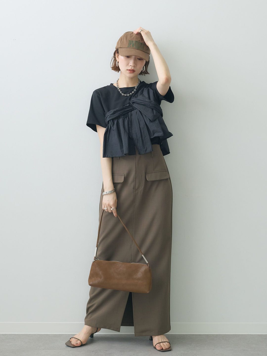 【着回しセット】[SET]ナイロンドッキングツイストTEE +クレープデシンフラップ付きストレートスカート+ストーンウォッシュルーズフィットデニム(3set)