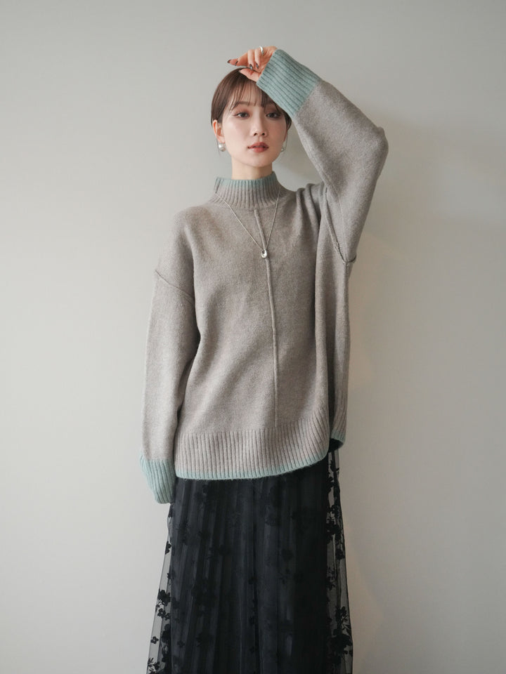 [SET]配色ハイネックニットプルオーバー+フラワーフロッキーチュールプリーツスカート(2set)