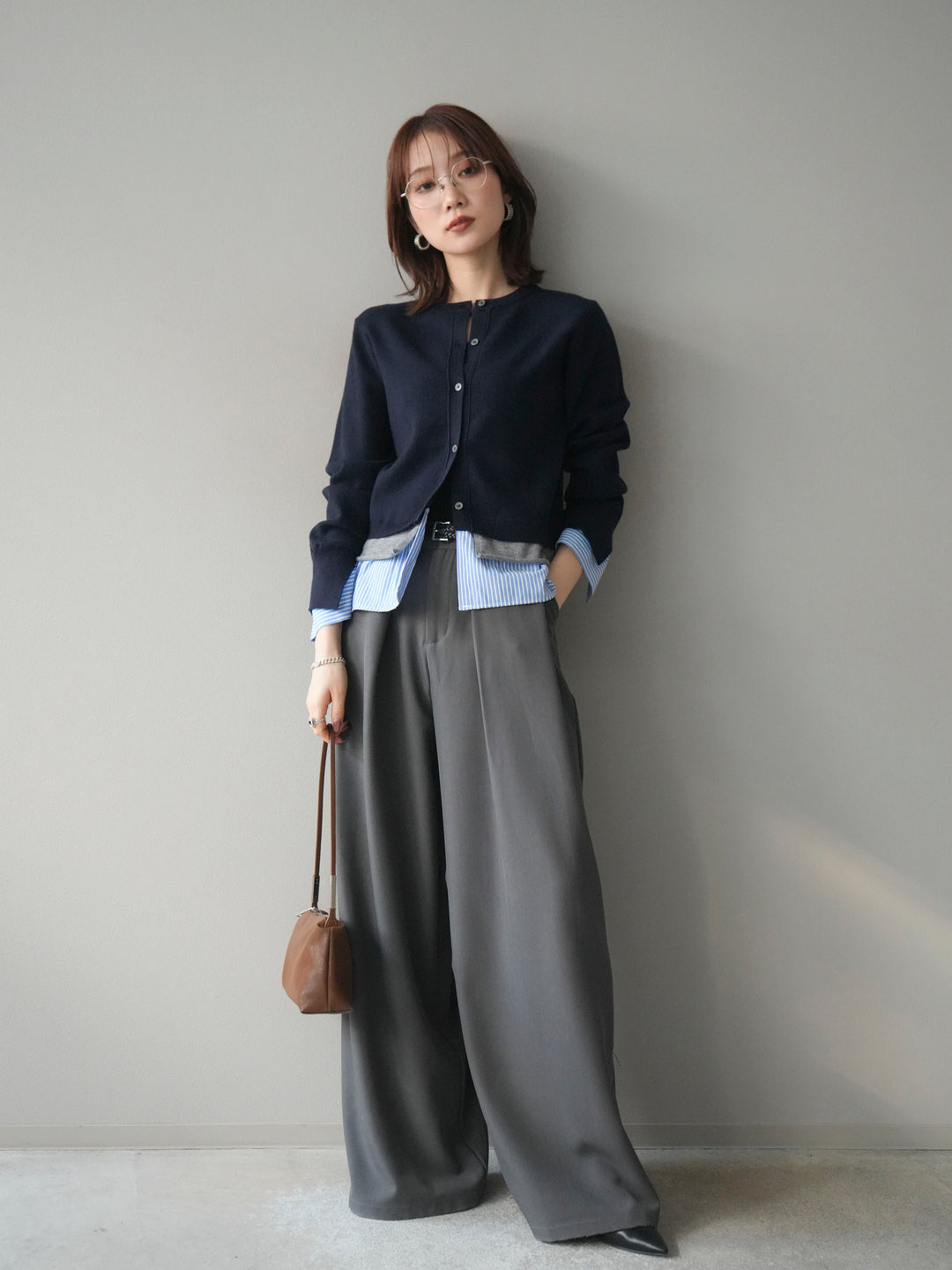 [SET]シャツ襟レイヤードニットカーディガン+ベルトループデザインワイドパンツ(2set)