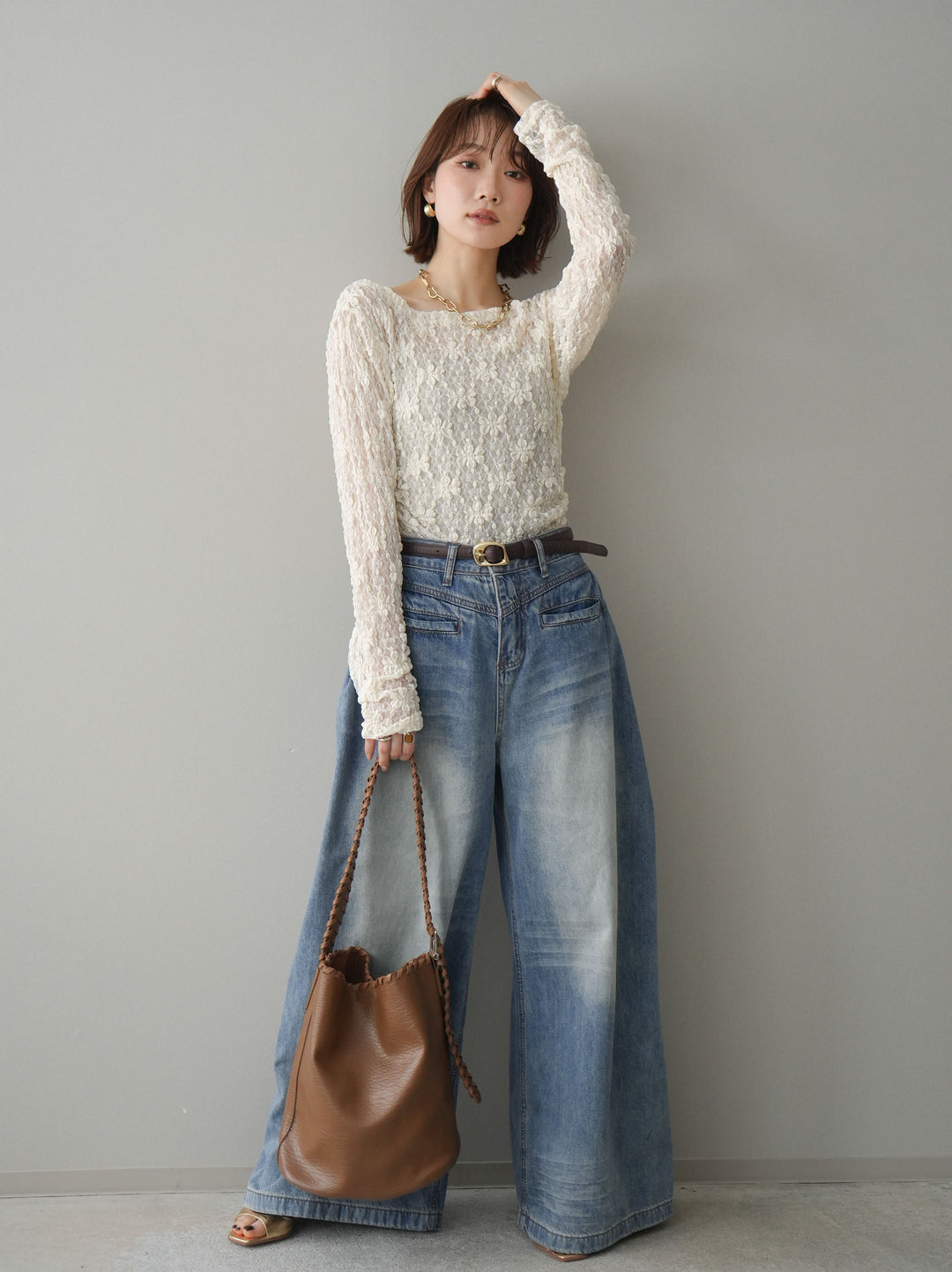 [SET]サイドギャザーレーストップス+フロントポケットサイドタックワイドデニム(2set)