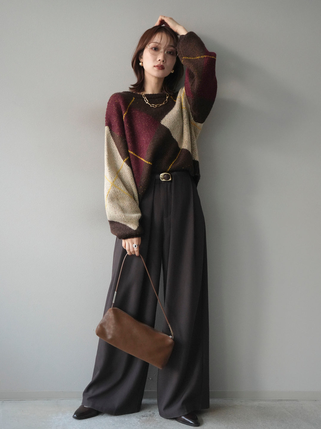 [SET]配色ステッチアーガイル柄ニットプルオーバー+ベルトループデザインワイドパンツ(2set)