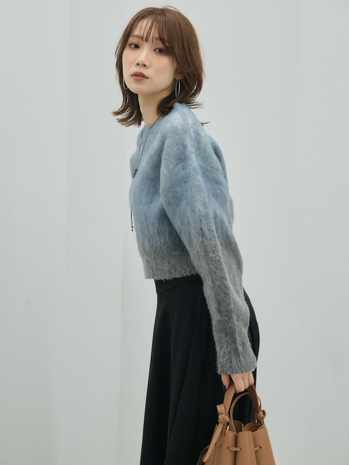 【Allure】[SET]グラデージョンクロップドシャギーニットプルオーバー+ウールタッチフレアスカート(2set)