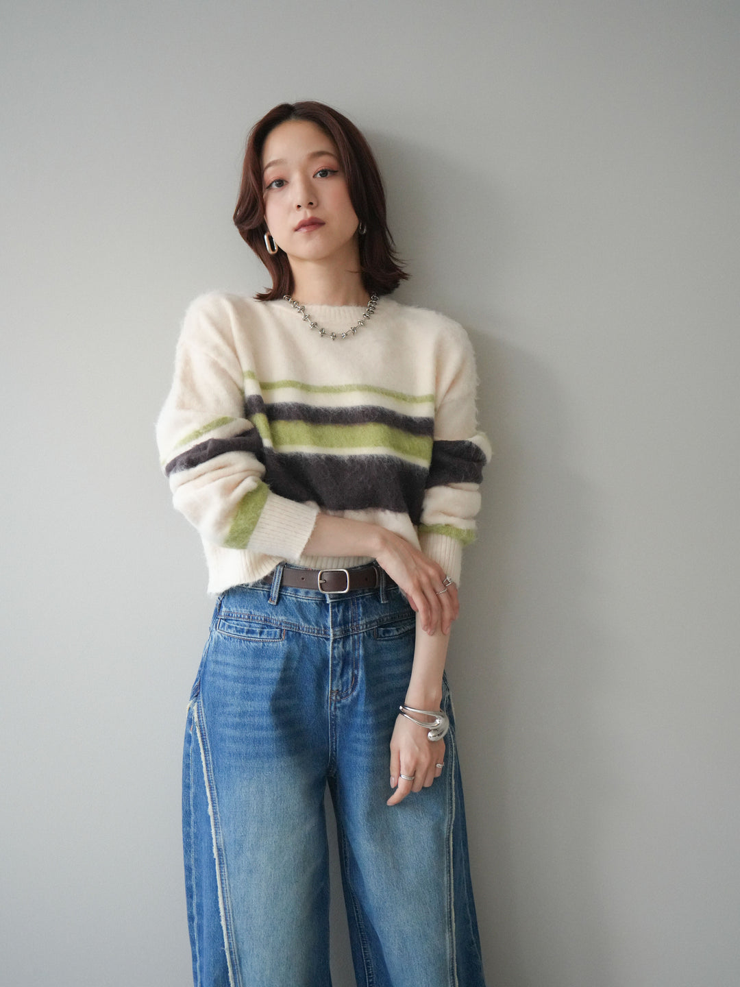 [SET]ソフトタッチボーダークロップドニットプルオーバー+サイドフリンジワイドデニムパンツ(2set)