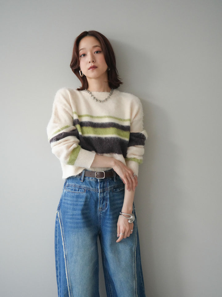 [SET]ソフトタッチボーダークロップドニットプルオーバー+サイドフリンジワイドデニムパンツ(2set)