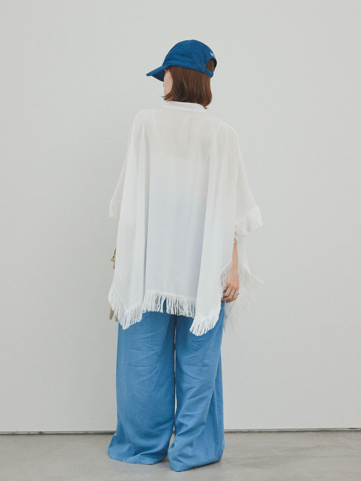 【預訂】亞麻觸感褶邊闊腿褲/藍色