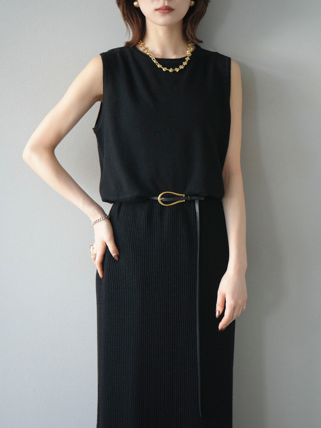 [予約]メッシュ切替ノースリーニットワンピース/black