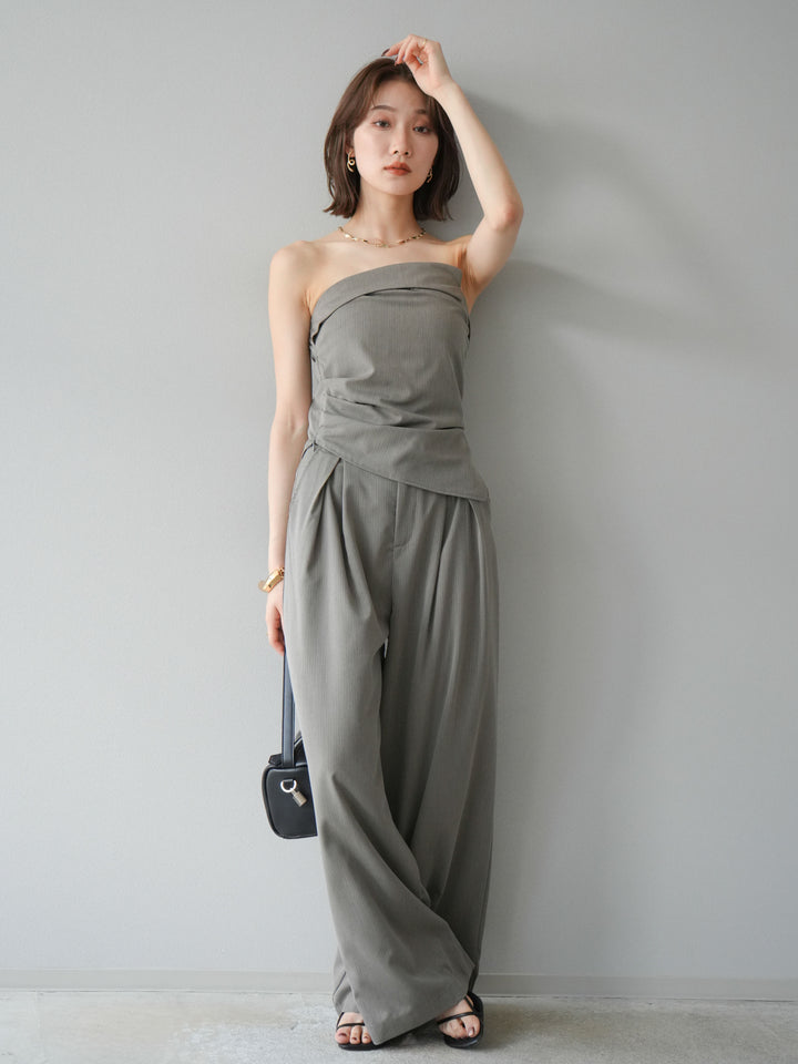 [SET] 條紋褶襉露肩上衣＆寬褲 SET UP (2set)