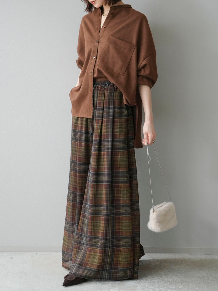 [SET]スエードバンドカラーオーバーシャツ+シアーチェックバギーパンツ(2set)