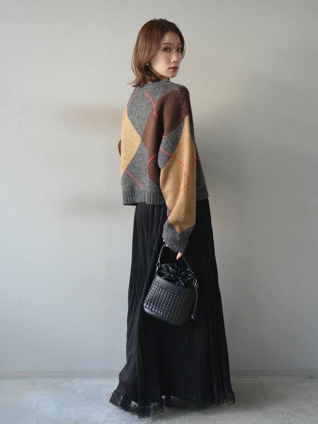 [SET]配色ステッチアーガイル柄ニットプルオーバー+裾レーススウェードプリーツマキシスカート(2set)