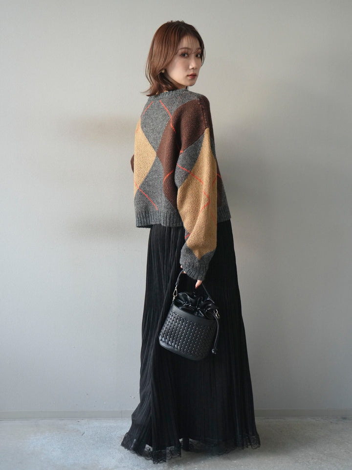 [SET]配色ステッチアーガイル柄ニットプルオーバー+裾レーススウェードプリーツマキシスカート(2set)