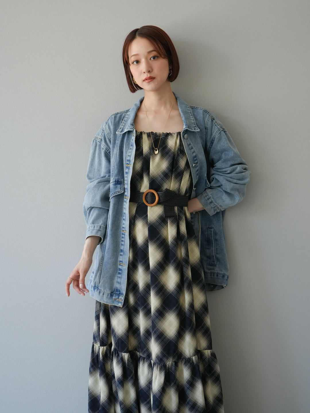 [SET]ベルト付チェックノースリーブワンピース+ビンテージデザインBIGデニムジャケット(2set)
