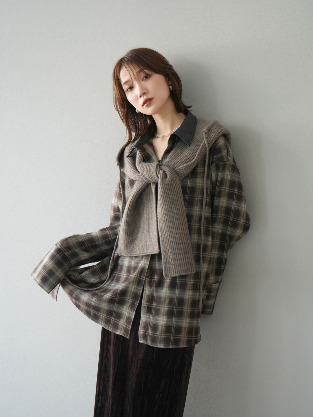 [予約]レザー襟オンブレチェックオーバーシャツ /ブラウン