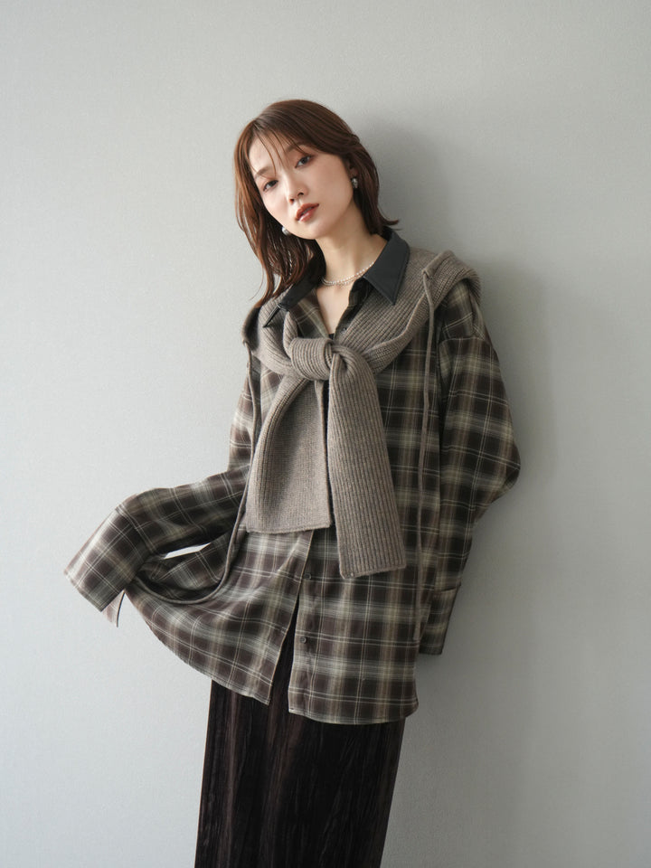 [予約]レザー襟オンブレチェックオーバーシャツ /ブラウン