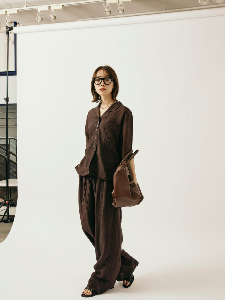 【Allure】[SET]シャイニースラブシアー開襟ハーフシャツ+シャイニースラブシアーワイドパンツ(2set)