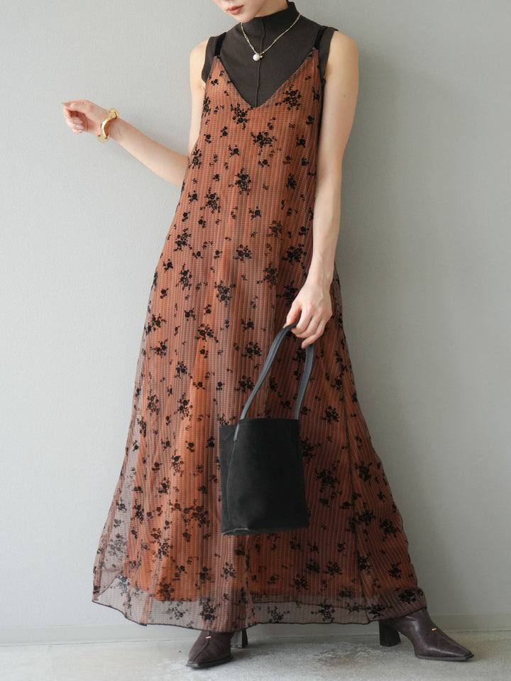 [SET]フロッキーチュールレイヤードベロアキャミワンピース+プチネックセンターシームノースリーニットトップス(2set)