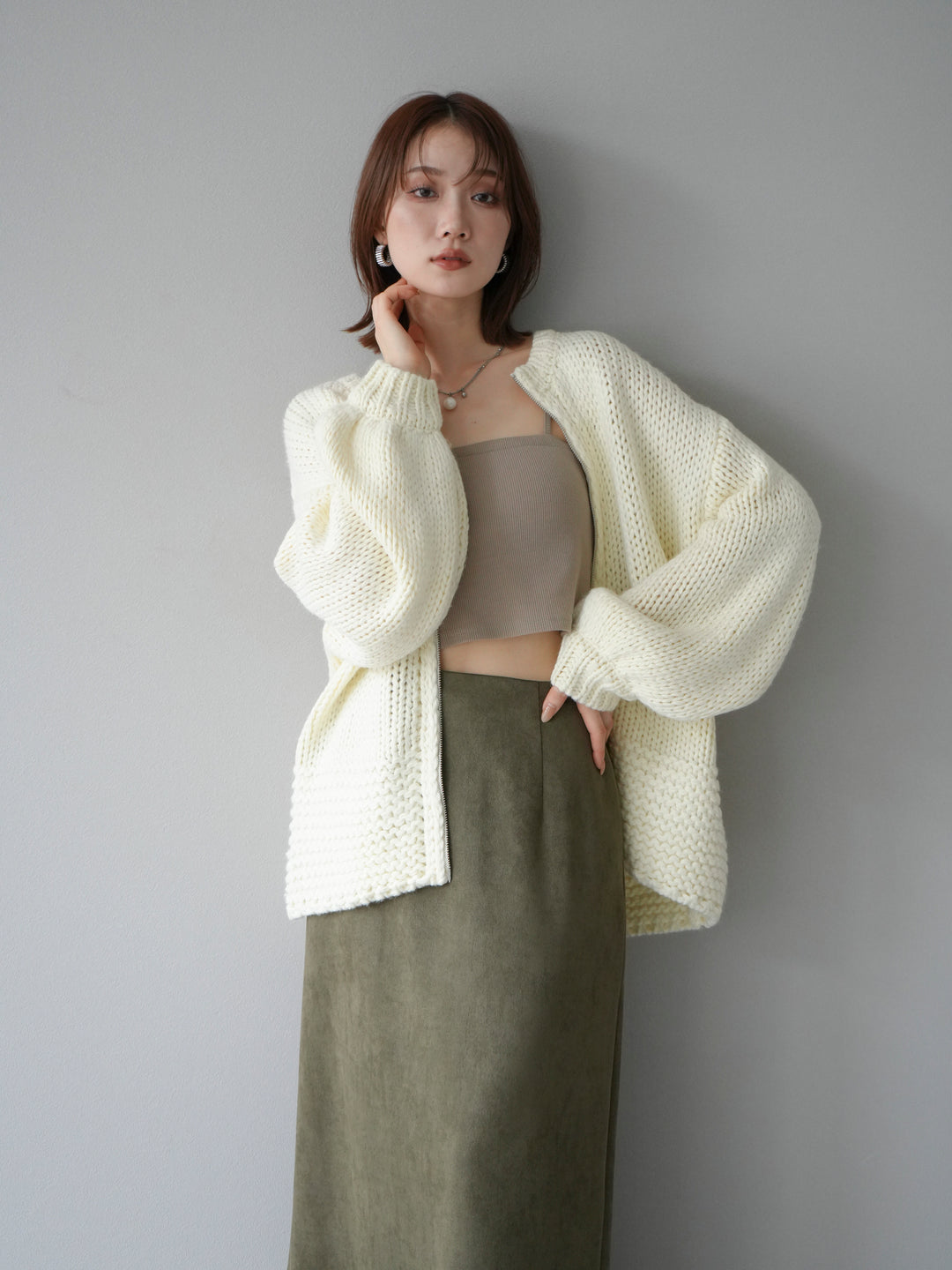 [予約]ロービングケーブルオーバーZIPニットカーディガン/アイボリー