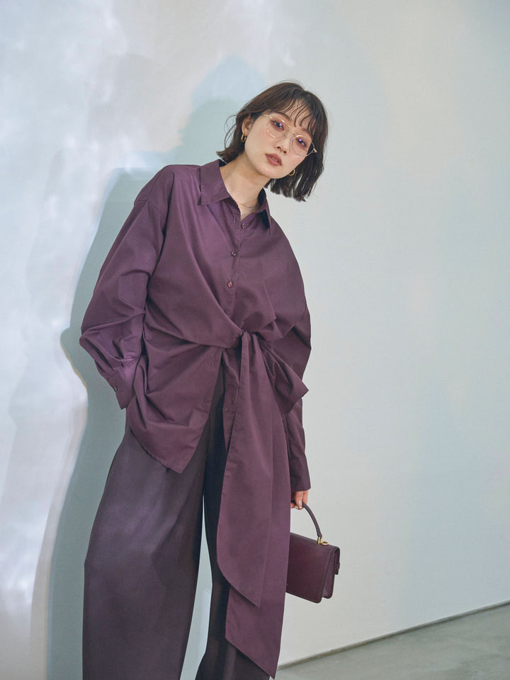 【Allure】[SET]ウエストアシメリボンシャツ+ベルトループデザインワイドパンツ(2set)