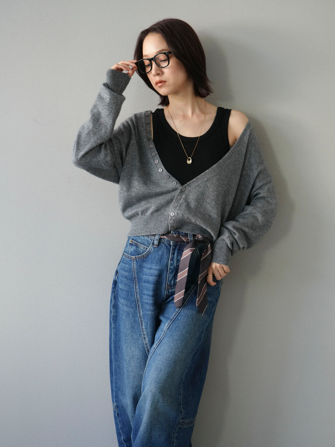 [予約]デザインボタンニットカーディガン＆タンクトップSET/グレー