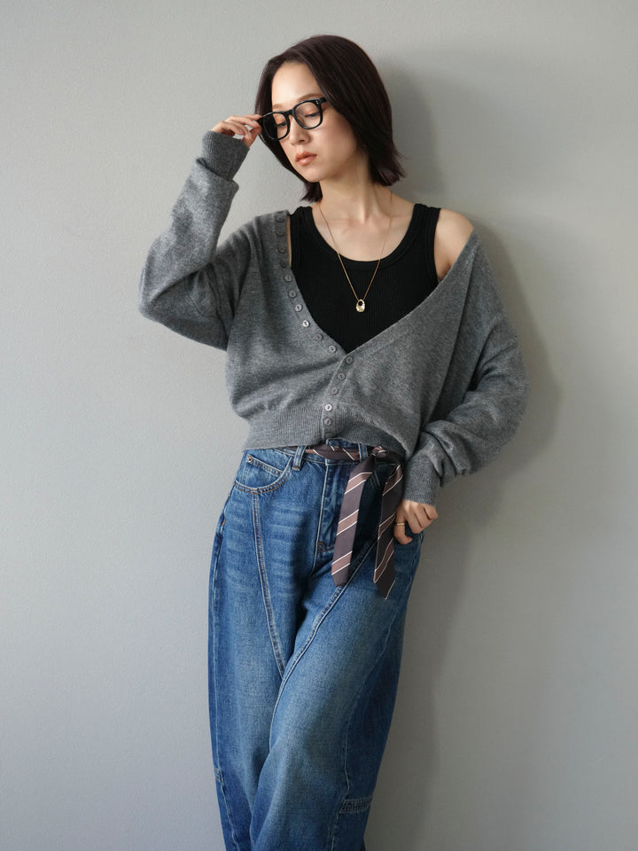 [予約]デザインボタンニットカーディガン＆タンクトップSET/グレー