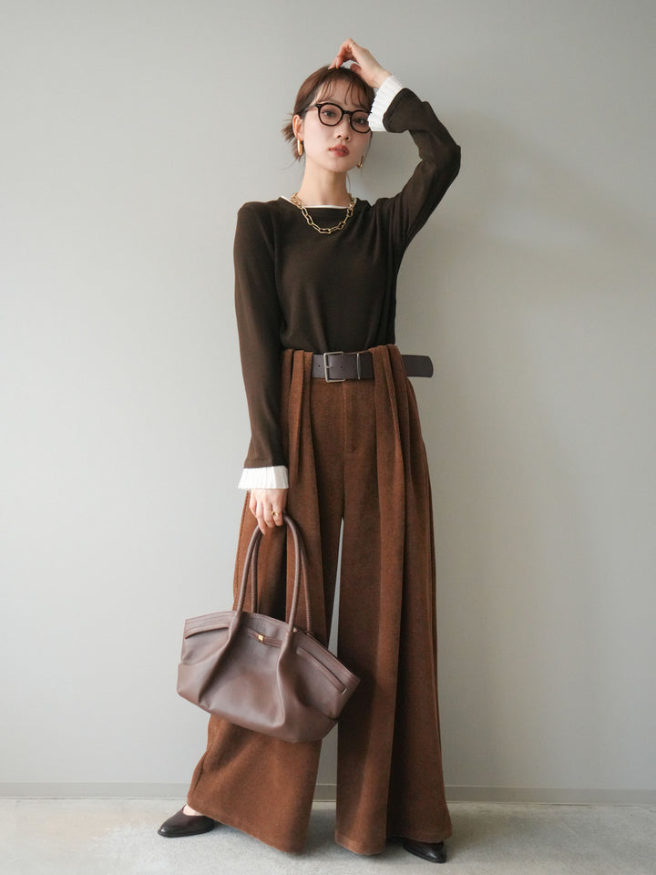 [SET]袖プリーツ配色レイヤードトップス+ベルトデザインループコールテンワイドパンツ(ベルト付き)(2set)