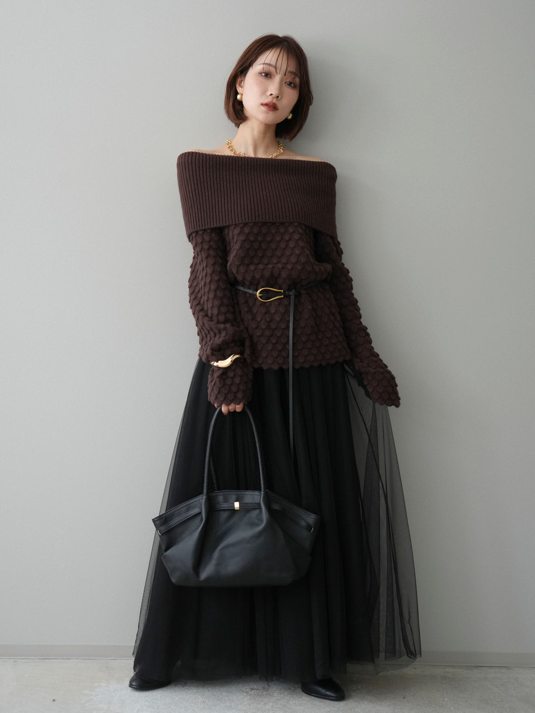 [SET]ポコポコ編みオフショルニットプルオーバー+チュールボリュームスカート(2set)